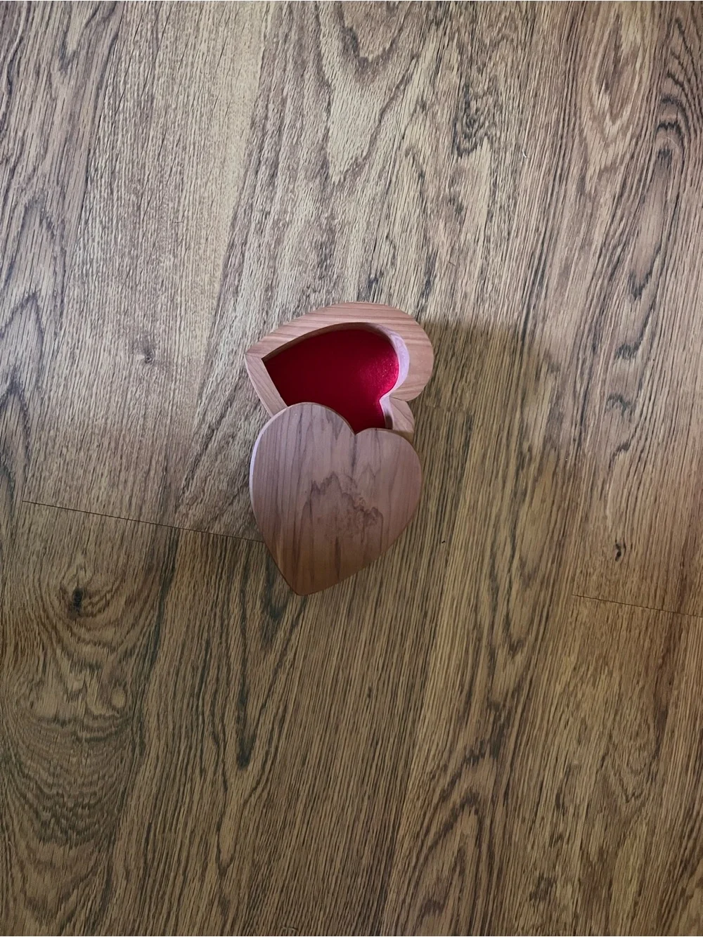 Heart-Shaped Wooden Jewelry Box Red Lining sliding lid mid century boho dainty
